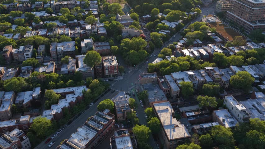 Urban landscape revealing residential apartments and houses in the Old Town Triangle neighborhood of Lincoln Park, Chicago with green trees and sunlight on rooftops