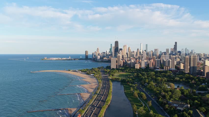 North Avenue Beach revealing downtown Chicago with Lincoln Park and Lake Michigan coastline showing Lake Shore Drive and John Hancock Center