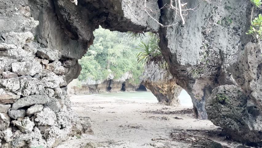 Tropical beach and lush jungle viewed through natural rock arch cave, scenic landscape, 4K_2_muted_15s_0,30_IMG_0089_2,42_20260218.MOV.mov