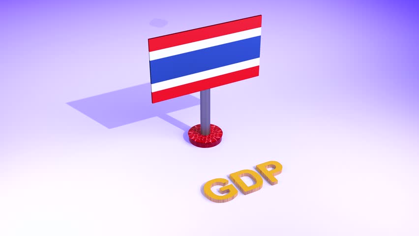 3D Render Thailand Flag With Texts GDP, Immigrants, Inflation, Passport, Resident, Trade, Tax