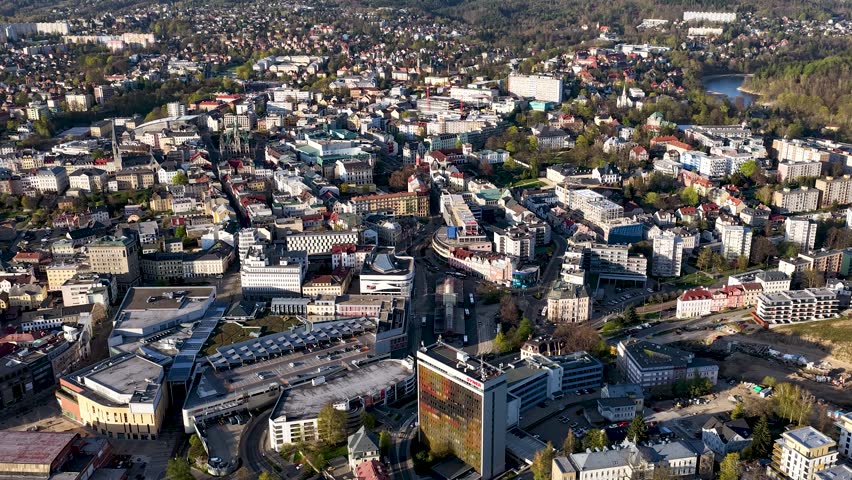 Panoramic drone shot of Liberec, Czech Republic, showcasing the city