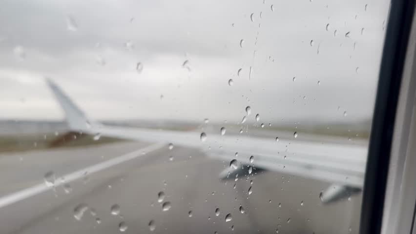 Rain droplets on an airplane window at Krakow Airport, with a blurred Ryanair wing, wet runway, grey sky and moody post-landing atmosphere.