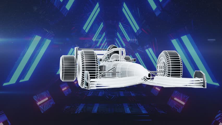 Camera shifting down right, wireframe car rotating, moving closer, revealing front details for demo. Neon, futuristic, digital, tunnel, holographic, grid, vehicle