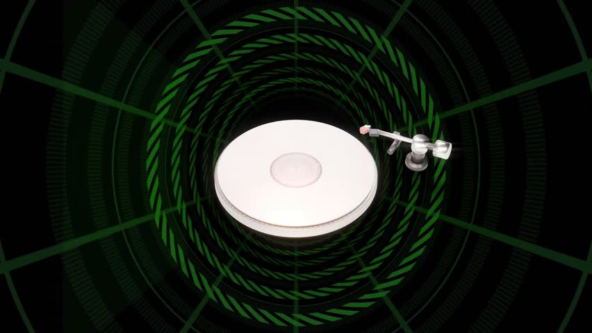 Data panels appearing, white platter rotating while silver tonearm advancing, showing data playback. Neon, tunnel, wireframe, turntable, visualization, digits, grid
