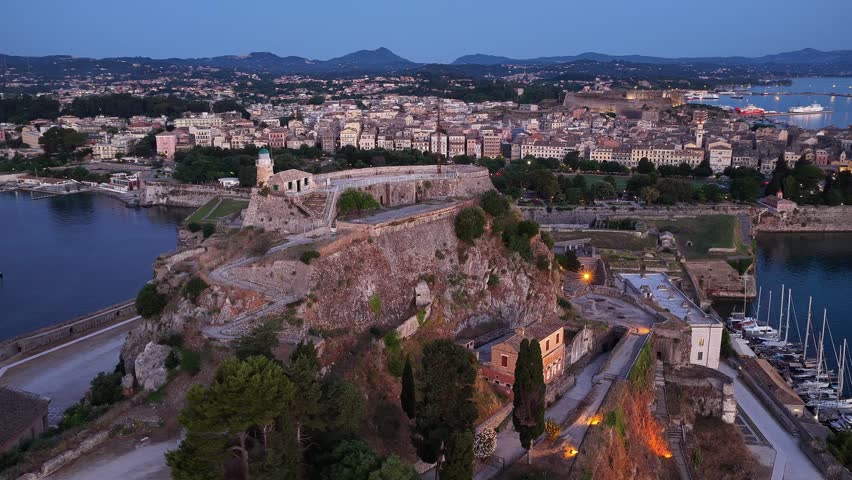 Corfu old fortress and marina greece evening aerial view