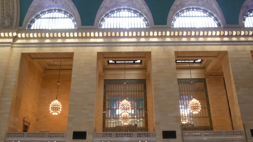 New York City Grand Central Terminal on 42 street, United States. Architecture details inside railway building. Public passenger transportation in NYC, Manhattan Midtown. Railroad station interior.
