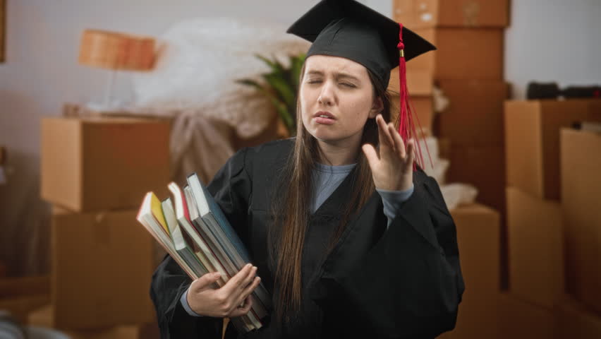 Woman in graduation gown holds stacked books and cups hand to ear listening in a building filled with moving boxes and lamp; confusion transition.
