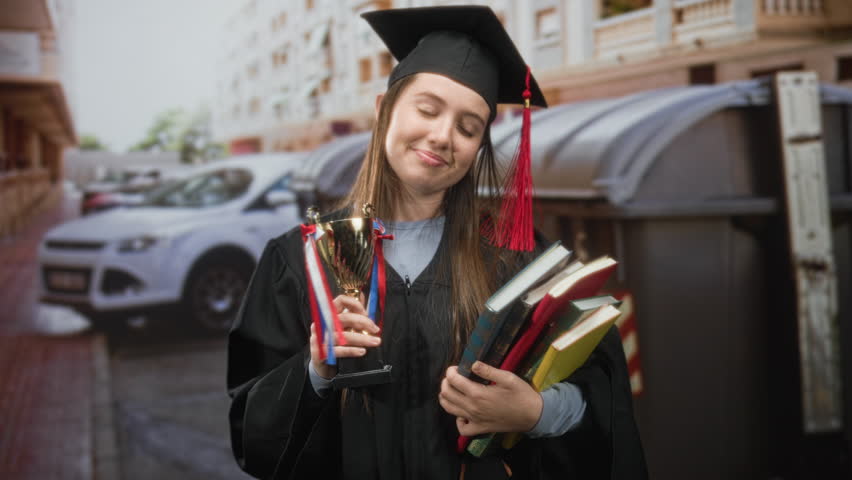 Woman holding trophy and stack of books, tilting head and smiling on street, wearing graduation cap and gown; pride achievement.
