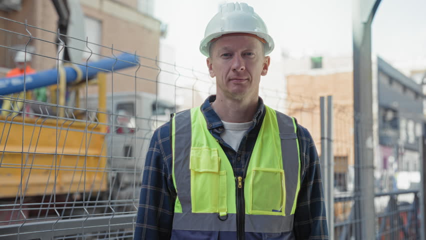 Man builder in hardhat and hi vis vest offers hand for handshake at building site; confidence trust professionalism.