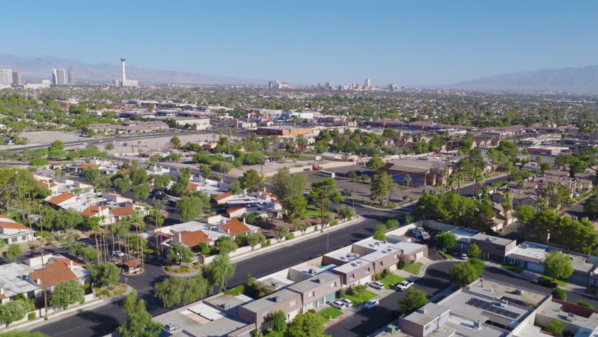 Las Vegas Neighborhood Aerial with Stratosphere and Downtown Skyline
