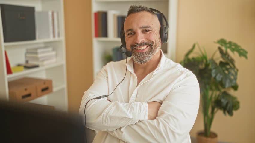 Man with headset arms crossed smiling at computer in office building; customer service confidence support.