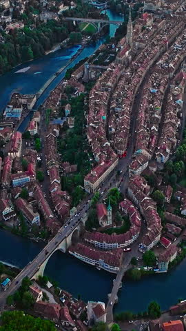 Aerial view over the city of Bern the capital city of Switzerland the historic district from above. Bern old town. The historic buildings in the city center