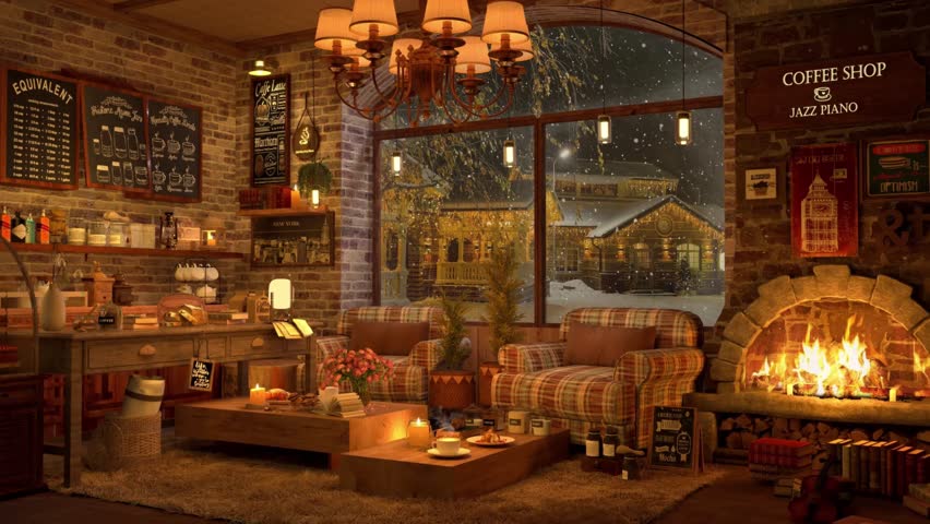 Cozy jazz piano coffee shop with warm fireplace and winter snow a themed