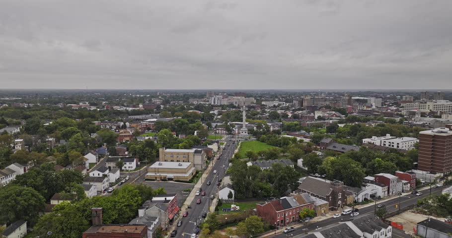 Trenton New Jersey Aerial v13 fly along Pennington Ave leading to Lincoln Hwy capturing Battle Monument, North 25 and downtown cityscape on a gloomy day - Shot with 8k camera 