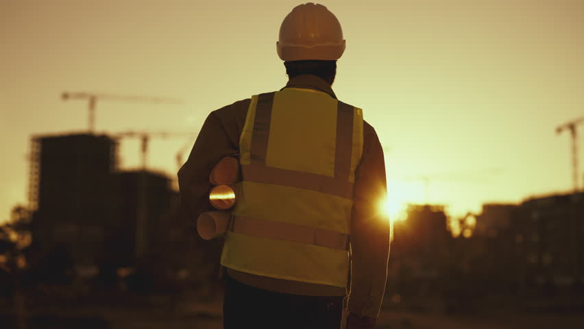 Modern architecture and construction, builder admiring buildings in sunset time. Contemporary technology and innovation in building process, real estate business, mortgage at construction stage