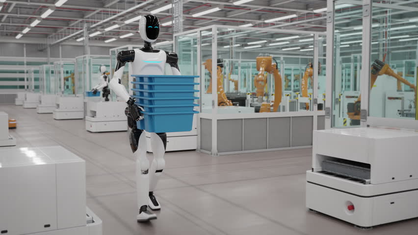 Front three-quarter dolly shot of a humanoid robot walking down a smart EV factory aisle with stacked blue crates, surrounded by robotic work cells, automated platforms, and industrial equipment.