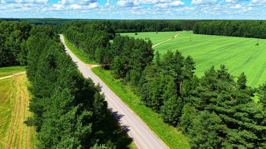 Aerial view of a winding road through lush green forests and fields under a blue sky