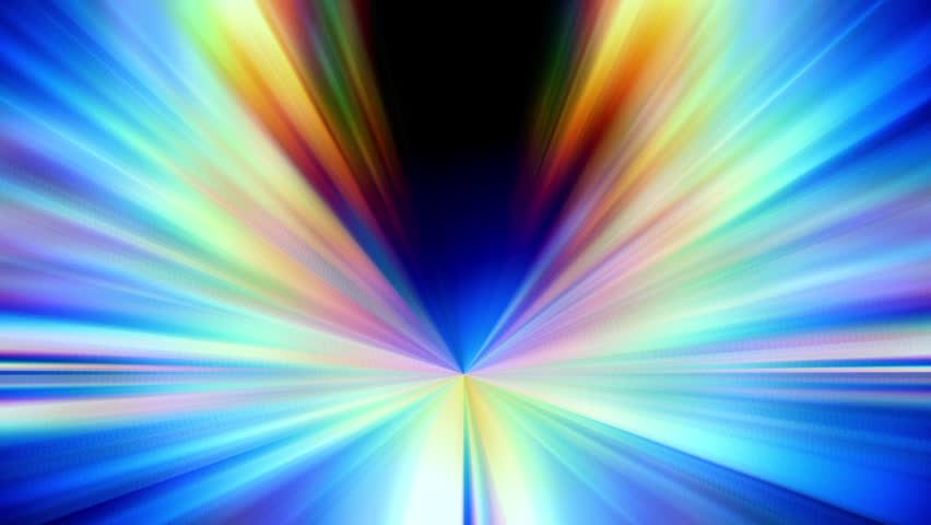 Rainbow colored triangular fan of light beams converging downward to a single bright point resembling a funnel glow with a smooth glowing aesthetic