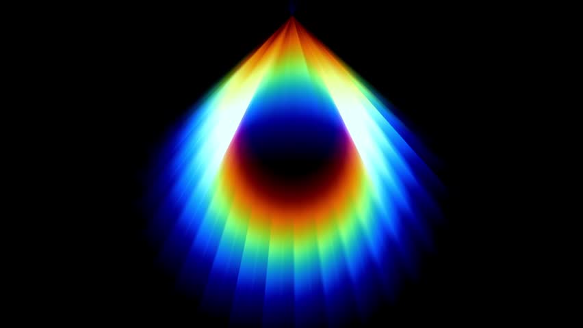 Rainbow colored teardrop or flame shaped glow pointing upward with a bright blue tip against a black background surface with a smooth glowing today