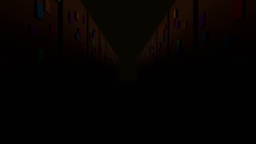 Endless library tunnel with towering bookshelves receding into warm golden light. Seamless looping motion background for presentations, intros, broadcast, and creative projects.
