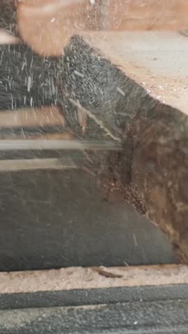 Industrial Sawmill Process: Heavy Duty Band Saw Cutting Large Wooden Logs Into Planks and Timber