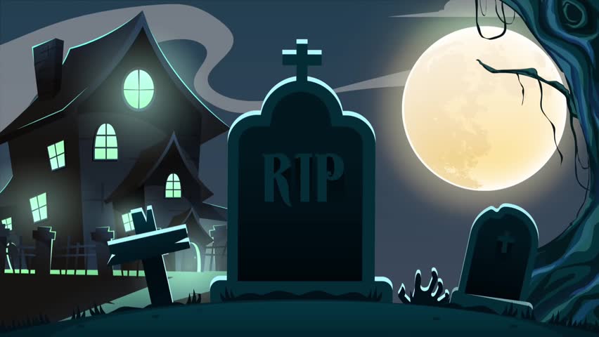 ​A spooky and atmospheric Halloween background animation featuring a haunted graveyard under a glowing full moon. A zombie hand slowly rises from the ground next to ancient tombstones, while a creepy, dilapidated house with illuminated windows stands in the background amidst drifting clouds and twisted bare trees. Perfect for horror-themed projects, Halloween greetings, or eerie backdrops.