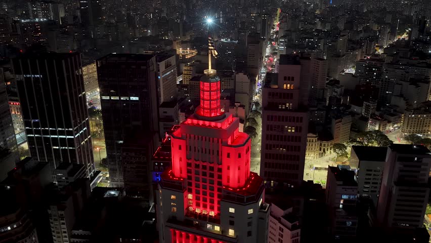 Night City Landscape. Downtown District. Highrise Buildings. Sao Joao Avenue At Sao Paulo In Brazil. Tourism Symbol. Sao Paulo Brazil.