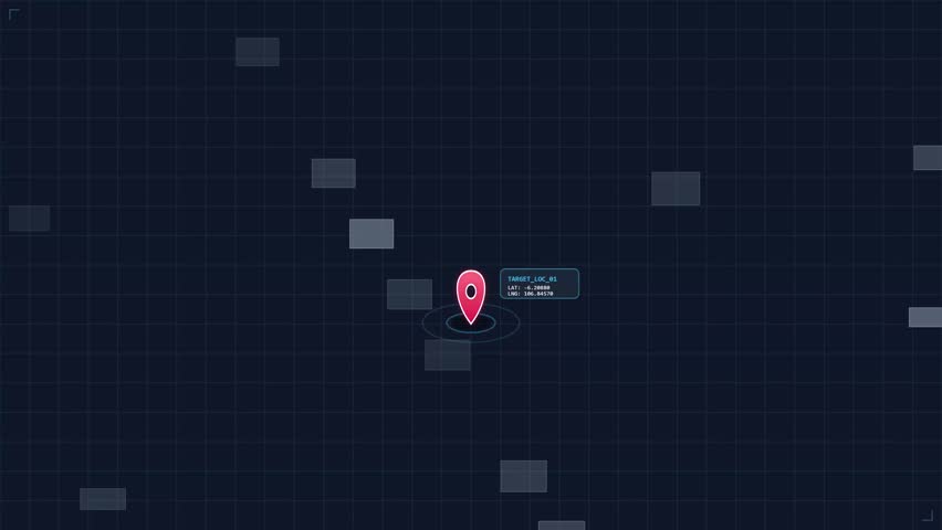 Animated red location pin bouncing on digital map with HUD interface elements for navigation tracking