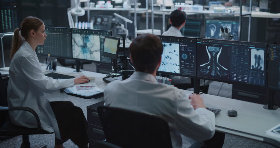 Caucasian Male Scientist in White Coat Reviews Spinal Mri Scans and Molecular Diagrams on Dual Monitors as Team Analyzes Medical Data in a Modern Biotech Research Center.