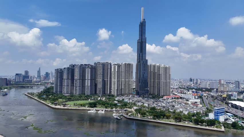 Aerial view of Landmark 81 skyscraper on Saigon river bank, Ho Chi Minh city, Vietnam.