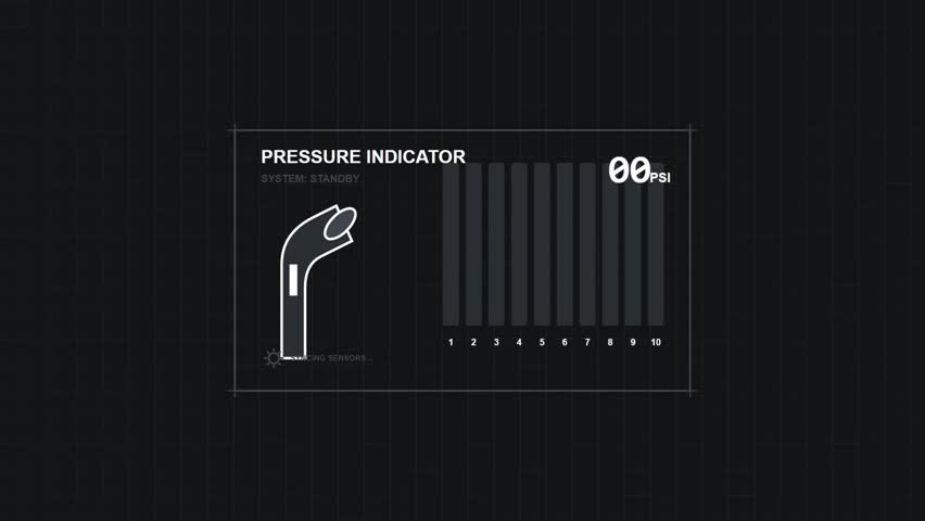 Animated digital pressure gauge displays changing PSI levels and system status Useful for technology and data visualization projects