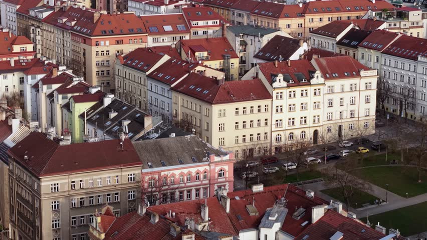 Drone Shot of Old Buildings in Residential Neighborhood of Prague Czechia on Sunny Evening