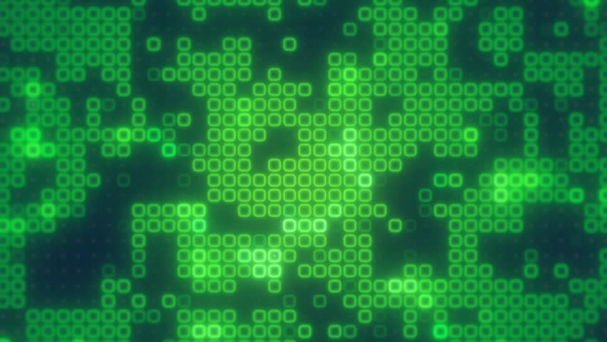 Green glowing square pixels form an abstract digital matrix pattern