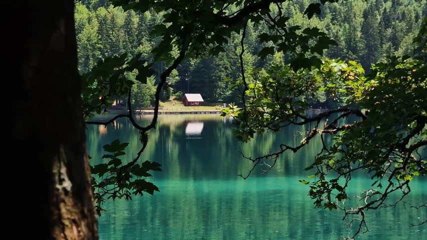Mountain House and Cabin by Green Lake in Landscape of Alps on Sunny Day, Idyllic Summer Scenery