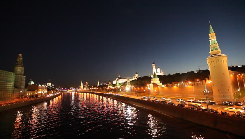 Kremlin Embankment at night time - Embankment of the Moskva River near the