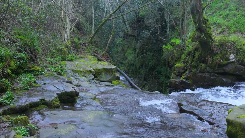 Aerial view from a drone of the winter landscape around the village of Vega de Pas. Pasiegos Valleys region, Cantabria, Spain, Europe
