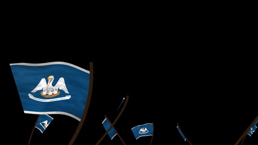 Louisiana State Flags Waving Crowd. Realistic 4K 60fps Seamless Loop Animation Isolated On Black Background For Overlay. Lot Of Louisiana State Flags With Realistic Fabric Motion.