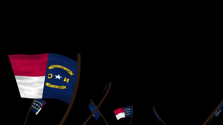North Carolina State Flags Waving Crowd. Realistic 4K 60fps Seamless Loop Animation Isolated On Black Background For Overlay. Lot Of North Carolina State Flags With Realistic Fabric Motion.
