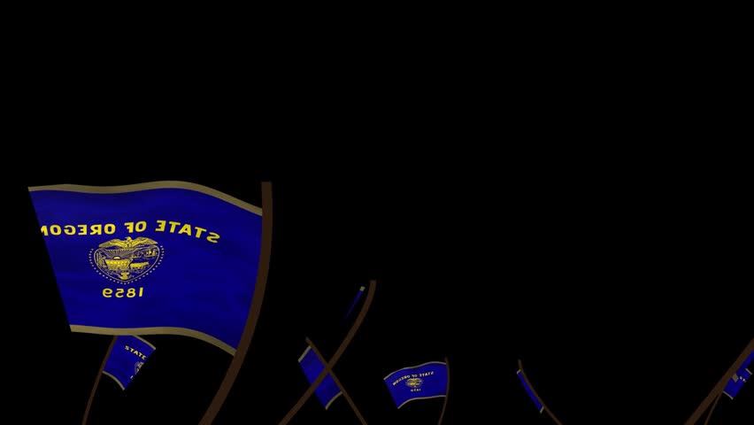 Oregon State Flags Waving Crowd. Realistic 4K 60fps Seamless Loop Animation Isolated On Black Background For Overlay. Lot Of Oregon State Flags With Realistic Fabric Motion.
