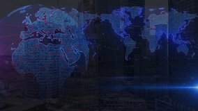 Digital earth globe and world map constructed from binary codes over a modern skyscraper city, symbolizing digital transformation, global corporate business, and tech. - Powered by Shutterstock - Get 15% off with code: PIKWIZARD15