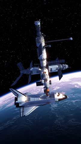 Space Station With Space Shuttle Orbiting Earth. 3D Animation. 4K.