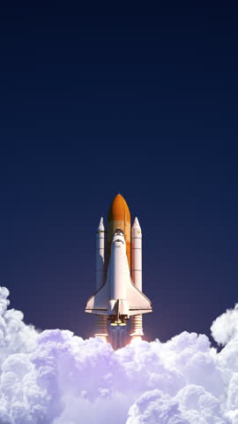 Space Shuttle Launch On Background Of Blue Sky. 3D Animation. 4k.