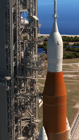 Big heavy rocket  on launchpad. 3d animation. 4k.