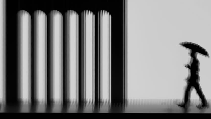 Black and white silhouette of a person with an umbrella walking past a modern minimalist wall with geometric arched window shapes and motion blur. 3D Illustration