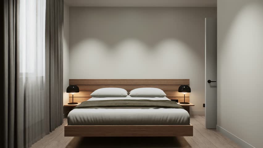 Sleek contemporary bedroom interior design featuring a double wooden bed, white pillows, bedside tables with black lamps, and soft wall lighting. 3D Illustration