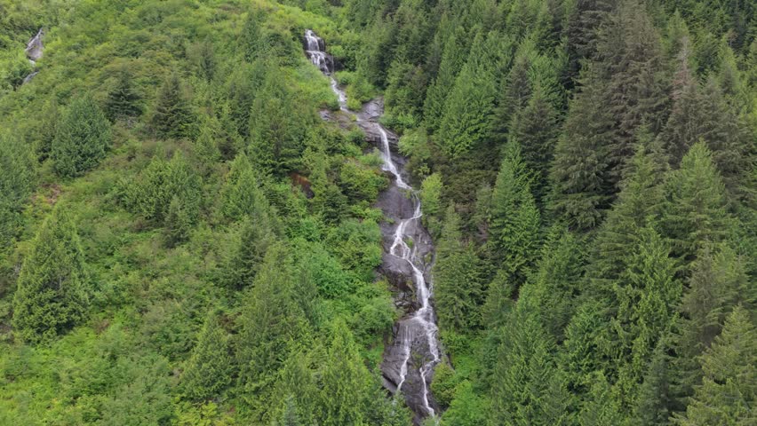 Majestic Waterfall Cascading Through a Lush Green Forest in British Columbia, Canada