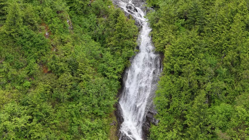 Majestic Waterfall Cascading Through a Verdant Forest in British Columbia, Canada