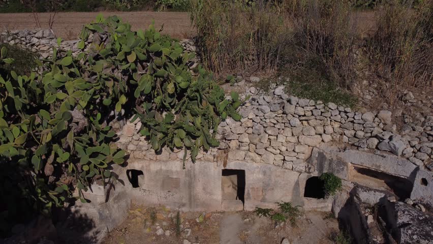 Naxar, Malta 01.07.2026 - Salini Catacombs aerial view of the field. This group of burials is situated in an area known as Ta Latnija. High quality 4k footage