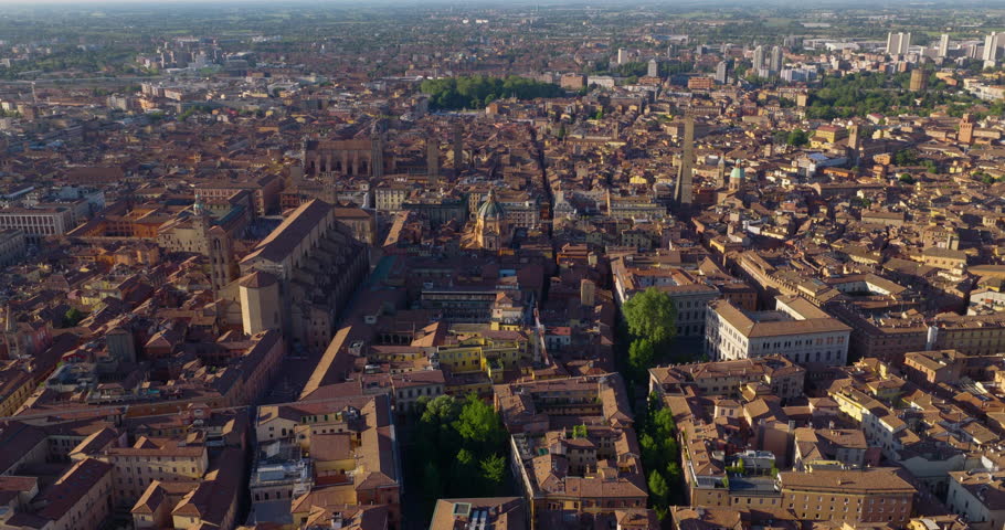 Basilica of San Petronio in Piazza Maggiore In Bologna, Italy. - aerial shot