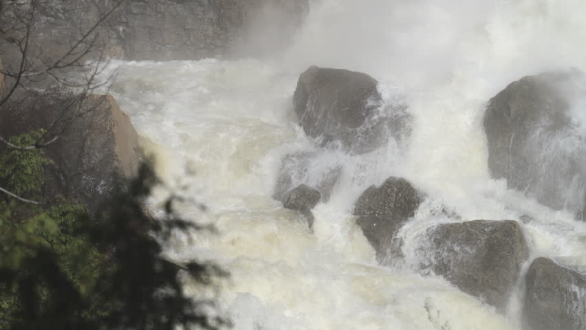 A fast-moving river channel surges violently between dark wet boulders below Inglis Falls. Overhanging green tree branches frame this spring scene in Ontario, Canada.
